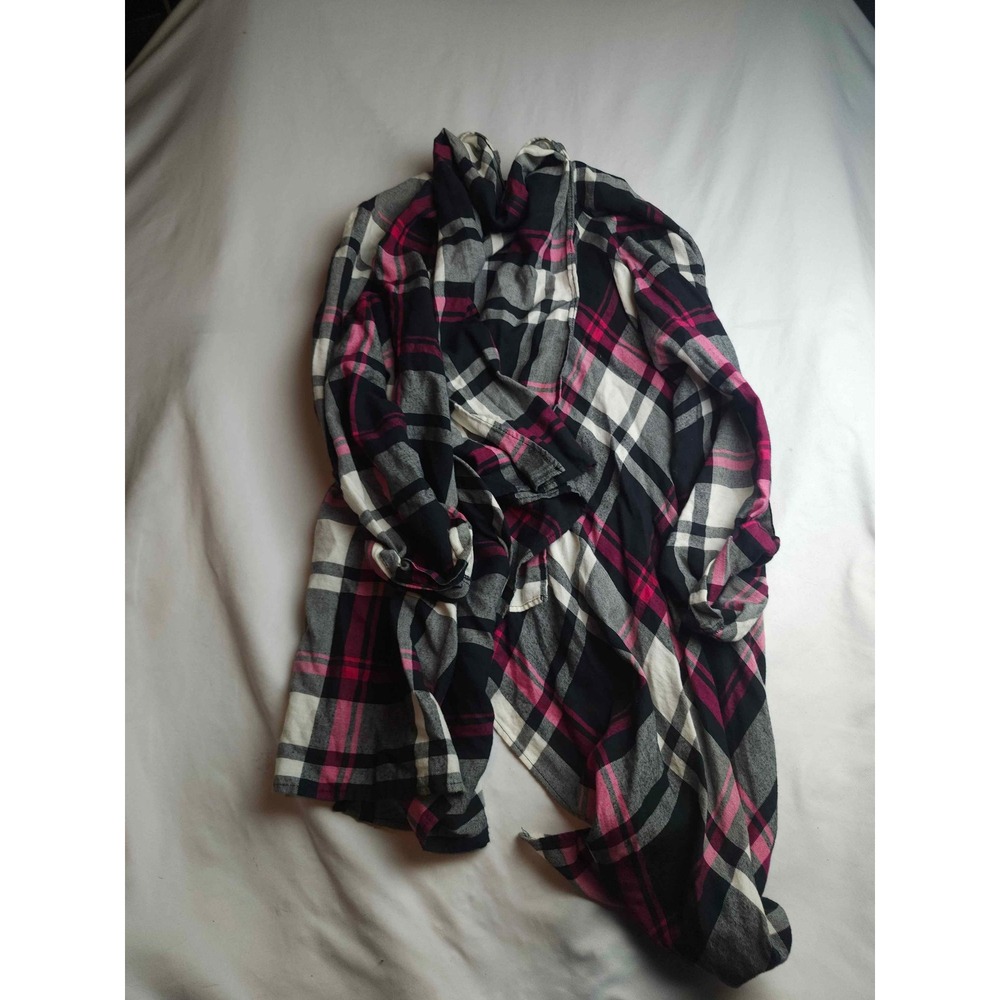 Est. 1946 Womens 18/20W Plaid Open Front Waterfall Cardigan Pink Black White
